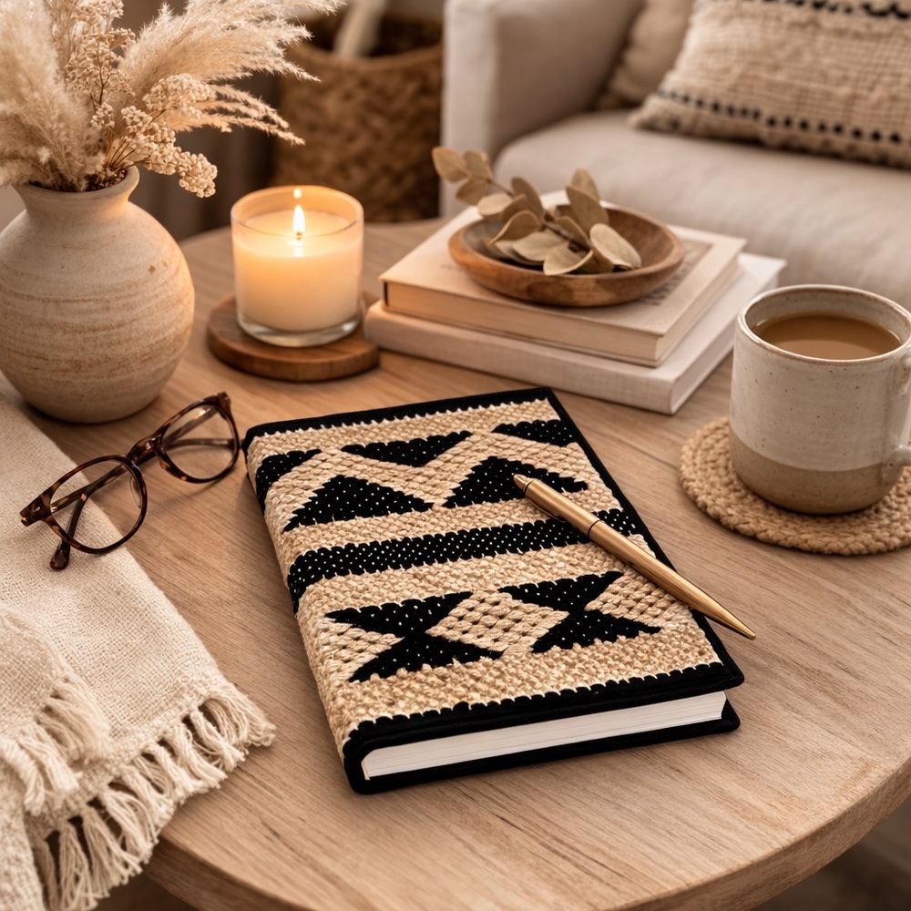 Boho Textile Covered Journal Black Natural Woven Neutral Handmade Style